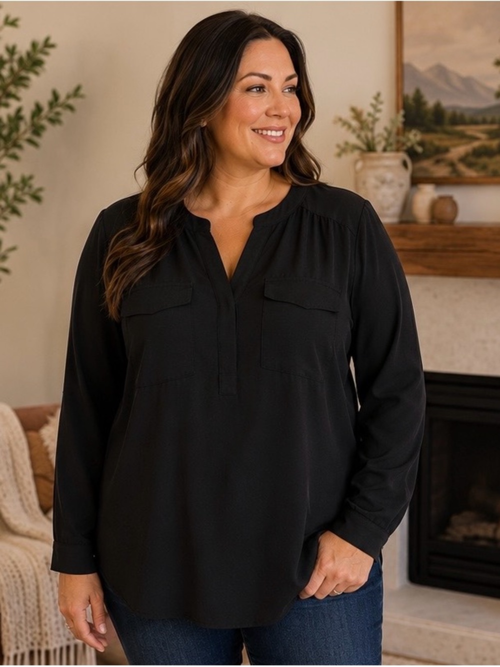 torrid Black Split-Neck Long Sleeve Tunic